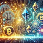 Ilustração de várias criptomoedas em ascensão, representando a temporada de altcoin em 2024.