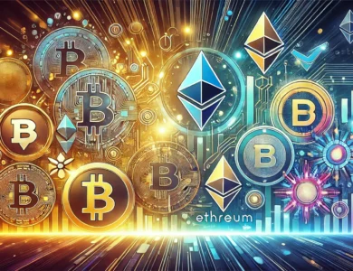 Ilustração de várias criptomoedas em ascensão, representando a temporada de altcoin em 2024.