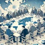 Membros da ONU preocupados em uma reunião, com elementos como mesas de conferência, documentos e um mapa global ao fundo, transmitindo um senso de urgência e discussão.