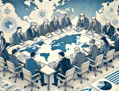 Membros da ONU preocupados em uma reunião, com elementos como mesas de conferência, documentos e um mapa global ao fundo, transmitindo um senso de urgência e discussão.