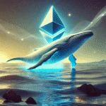 ilustração de uma baleia saltando no mar enquanto logo do Etheruem bilha ao fundo azul