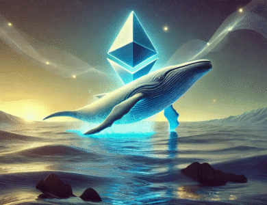 ilustração de uma baleia saltando no mar enquanto logo do Etheruem bilha ao fundo azul