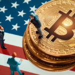 moeda de bitcoin e bandeira dos eua