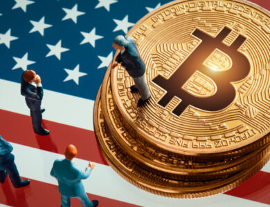 moeda de bitcoin e bandeira dos eua