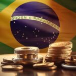 Moedas douradas à frente de bandeira do Brasil