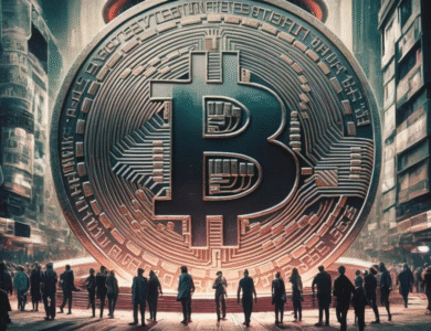 grande moeda de bitcoin e pessoas em baixo