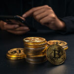 Um monte de moedas de bitcoin em mesa em que homem mexe no celular