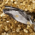 Ilustração mostra baleia mergulhando num mar de bitcoin