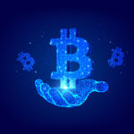 simbolo de bitcoin flutuando em mão digital