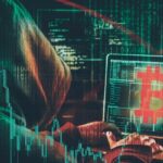 Hacker de bitcoin e criptomoedas mexendo no notebook