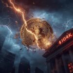 Bitcoin sendo atingido por raio em meio a tempestade sobre Wall Street com preço de $104K em destaque, simbolizando crise bancária nos EUA em outubro de 2025.