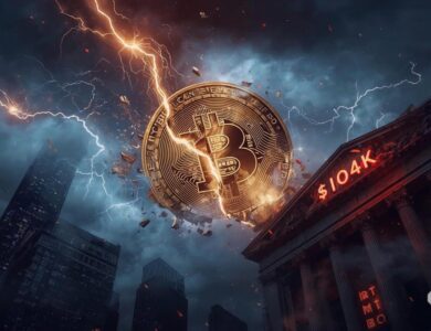Bitcoin sendo atingido por raio em meio a tempestade sobre Wall Street com preço de $104K em destaque, simbolizando crise bancária nos EUA em outubro de 2025.