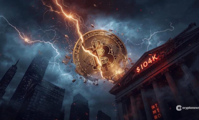 Bitcoin sendo atingido por raio em meio a tempestade sobre Wall Street com preço de $104K em destaque, simbolizando crise bancária nos EUA em outubro de 2025.