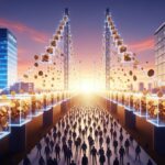 Ilustração mostrando ponte digital conectando Coinbase e Echo com multidão de investidores atravessando, simbolizando democratização do acesso a investimentos em criptomoedas