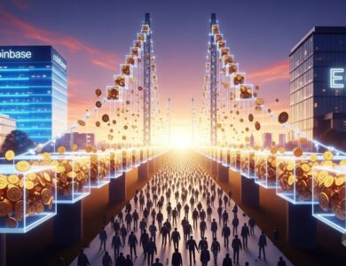 Ilustração mostrando ponte digital conectando Coinbase e Echo com multidão de investidores atravessando, simbolizando democratização do acesso a investimentos em criptomoedas