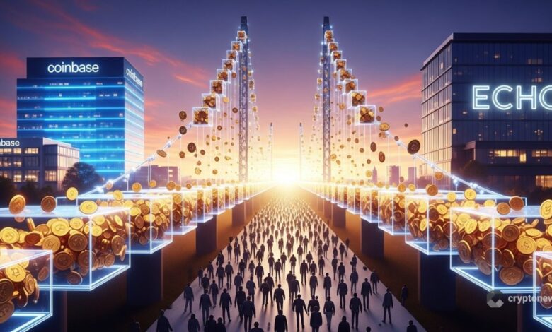 Ilustração mostrando ponte digital conectando Coinbase e Echo com multidão de investidores atravessando, simbolizando democratização do acesso a investimentos em criptomoedas