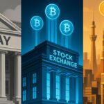Comparação visual da corrida regulatória cripto: EUA em atraso, Reino Unido avançando com ETPs de Bitcoin, e Japão integrando bancos com criptomoedas