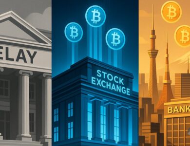 Comparação visual da corrida regulatória cripto: EUA em atraso, Reino Unido avançando com ETPs de Bitcoin, e Japão integrando bancos com criptomoedas