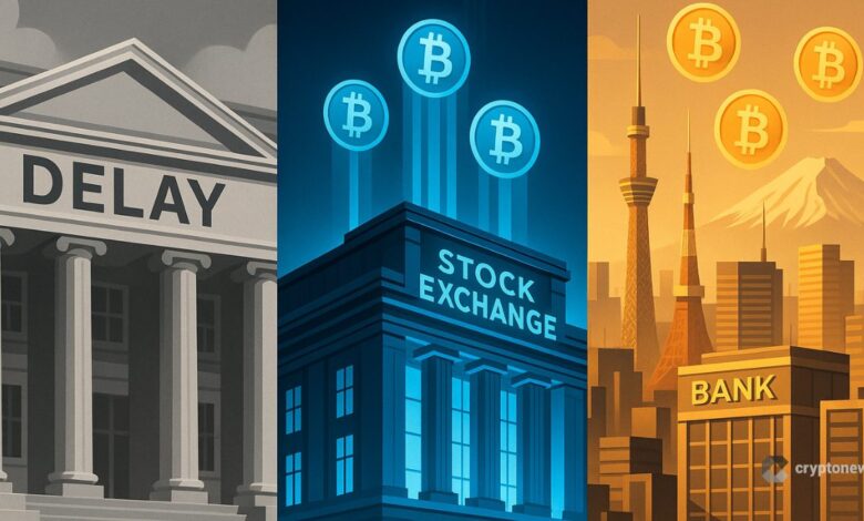 Comparação visual da corrida regulatória cripto: EUA em atraso, Reino Unido avançando com ETPs de Bitcoin, e Japão integrando bancos com criptomoedas