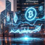 JPMorgan aceita BTC e ETH como colateral para empréstimos institucionais em Wall Street com visualização holográfica de criptomoedas