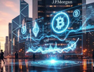 JPMorgan aceita BTC e ETH como colateral para empréstimos institucionais em Wall Street com visualização holográfica de criptomoedas
