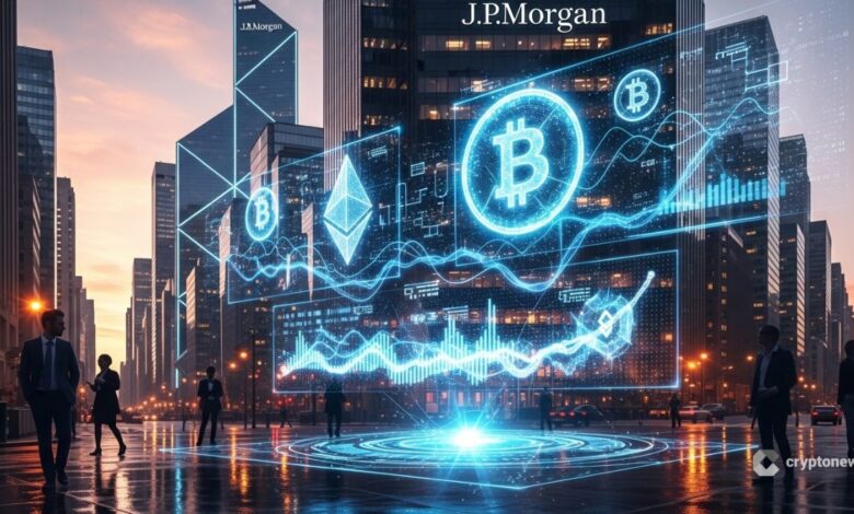 JPMorgan aceita BTC e ETH como colateral para empréstimos institucionais em Wall Street com visualização holográfica de criptomoedas