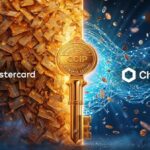 Ilustração da parceria Mastercard-Chainlink mostrando cartões de crédito dourados conectados à rede blockchain através do protocolo CCIP