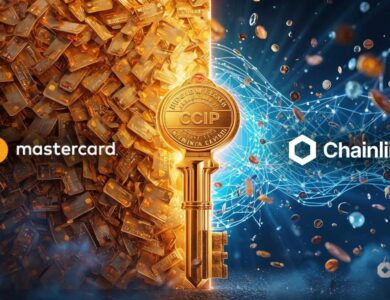 Ilustração da parceria Mastercard-Chainlink mostrando cartões de crédito dourados conectados à rede blockchain através do protocolo CCIP
