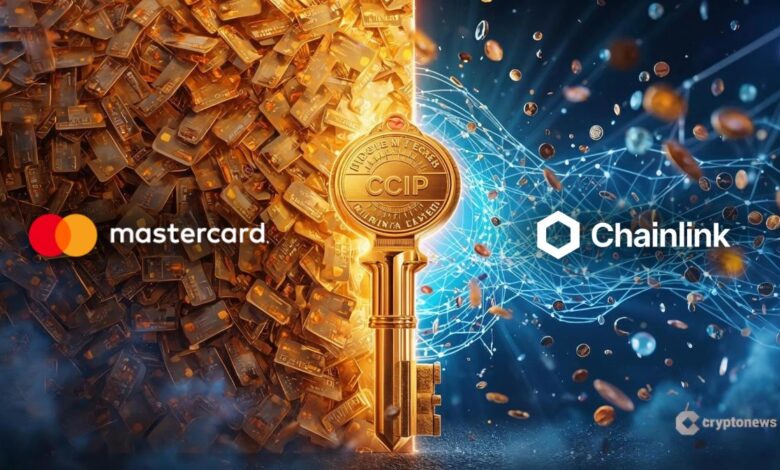 Ilustração da parceria Mastercard-Chainlink mostrando cartões de crédito dourados conectados à rede blockchain através do protocolo CCIP