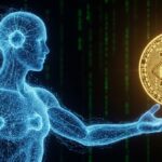 Inteligência artificial holográfica alcançando Bitcoin dourado em espaço digital - conceito de IA querendo Bitcoin segundo Michael Saylor