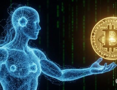 Inteligência artificial holográfica alcançando Bitcoin dourado em espaço digital - conceito de IA querendo Bitcoin segundo Michael Saylor