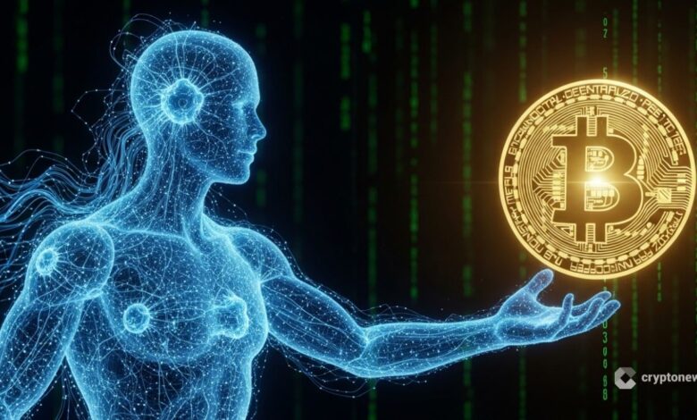 Inteligência artificial holográfica alcançando Bitcoin dourado em espaço digital - conceito de IA querendo Bitcoin segundo Michael Saylor