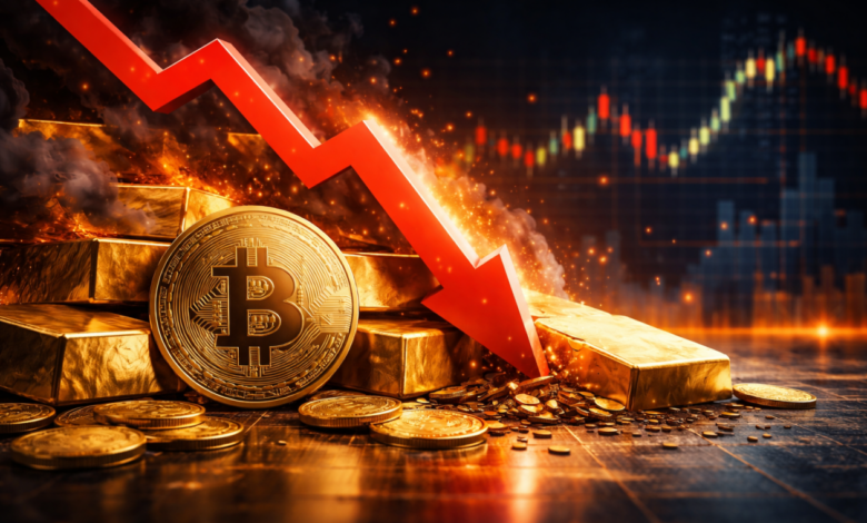 Ouro cai 22% e reação do Bitcoin levanta alerta sobre estresse macro global